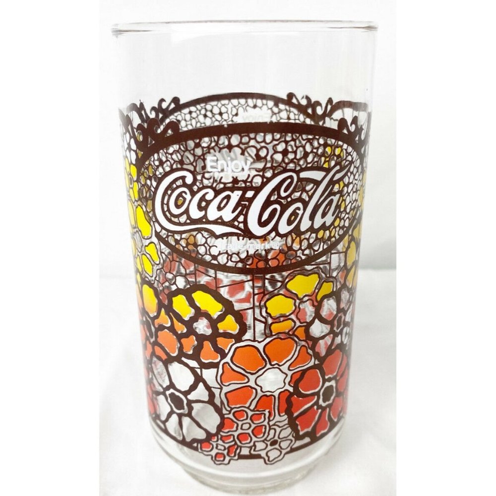 Vtg 1970's Coca Cola Orange Yellow Floral Glass